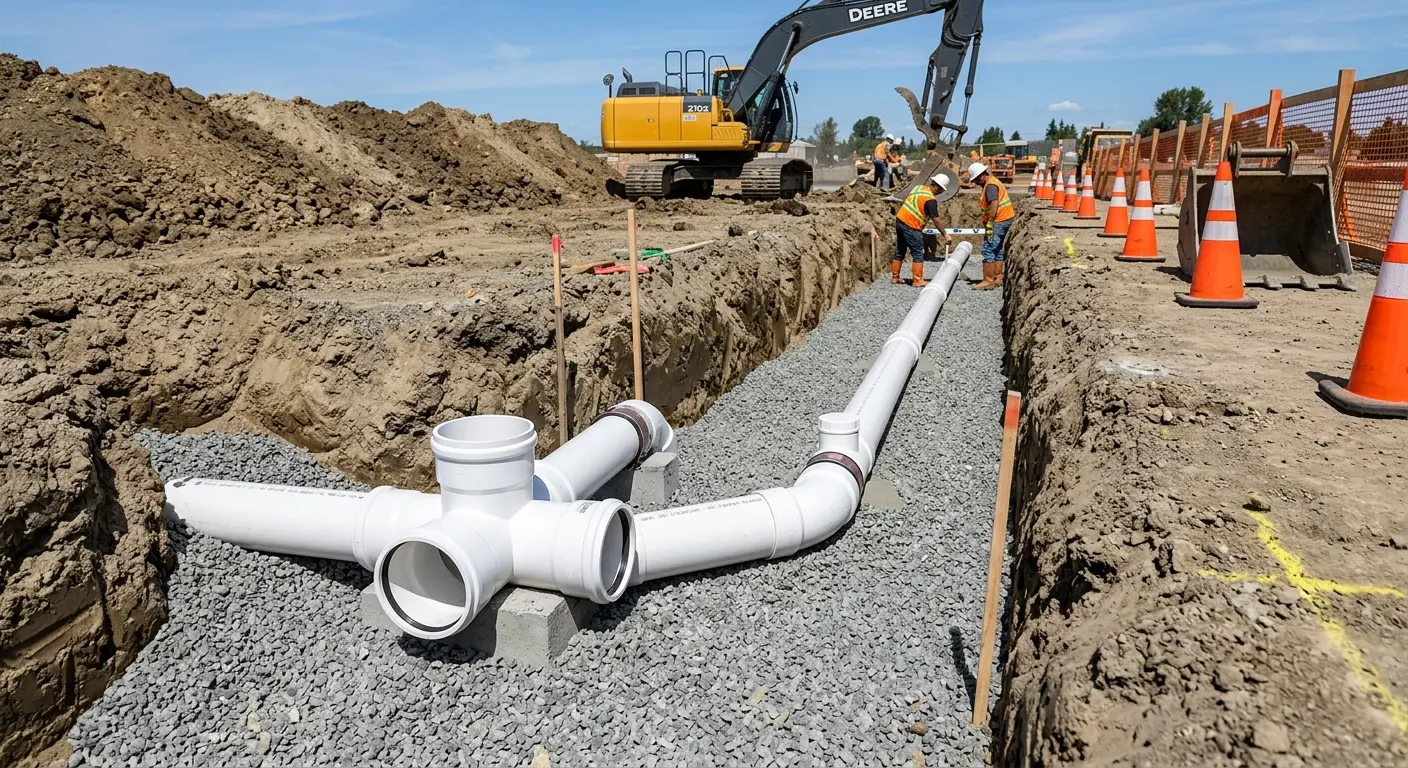 New PVC sewer pipe installation in open trench for Sewer Backup in Pitman