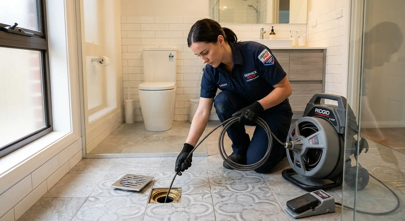 Technician clearing a bathroom floor drain for Hydro Jetting in Pitman